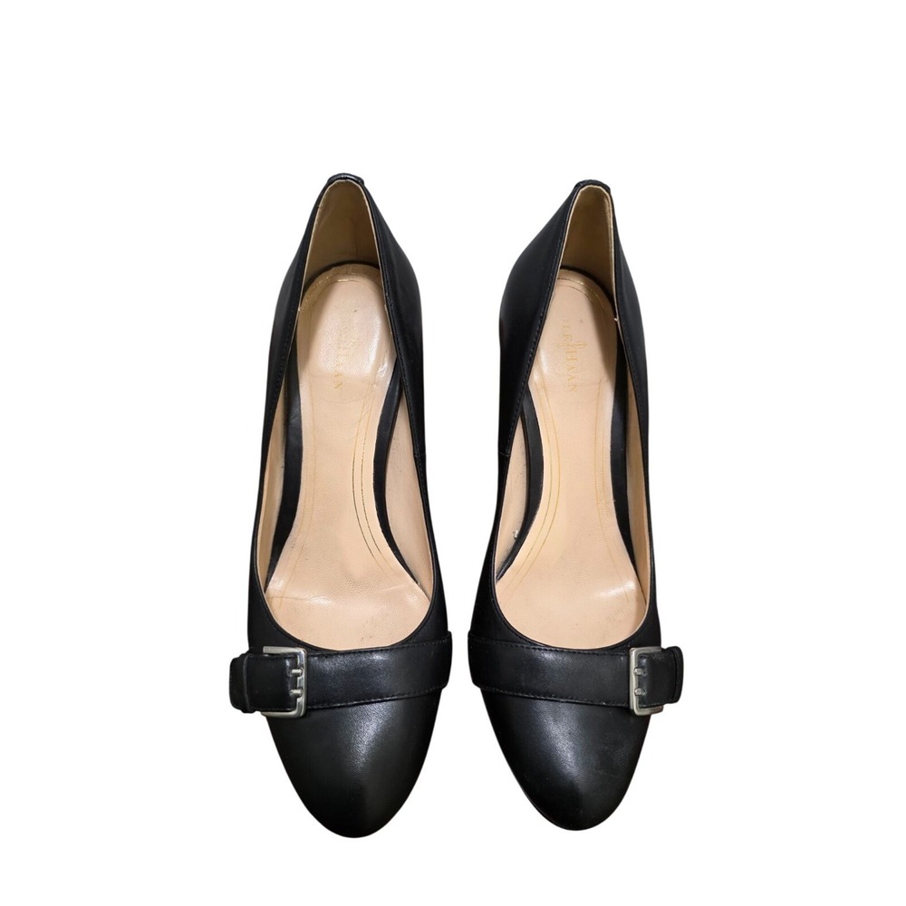 COLE HAAN Women's Black Leather Buckle Detail Pumps Classic High Heel Dress